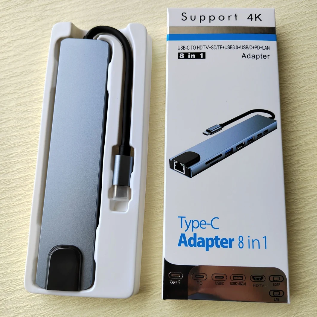 8 in 1 Adapter USB-C to HDTV+SD/TF+USB3.0+USB/C+Pd+LAN
