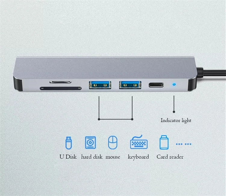 6 in 1 Type-C to HDMI+USB3.0*1+USB2.0*1+Pd+SD+TF Usbc Docking Station Adapter