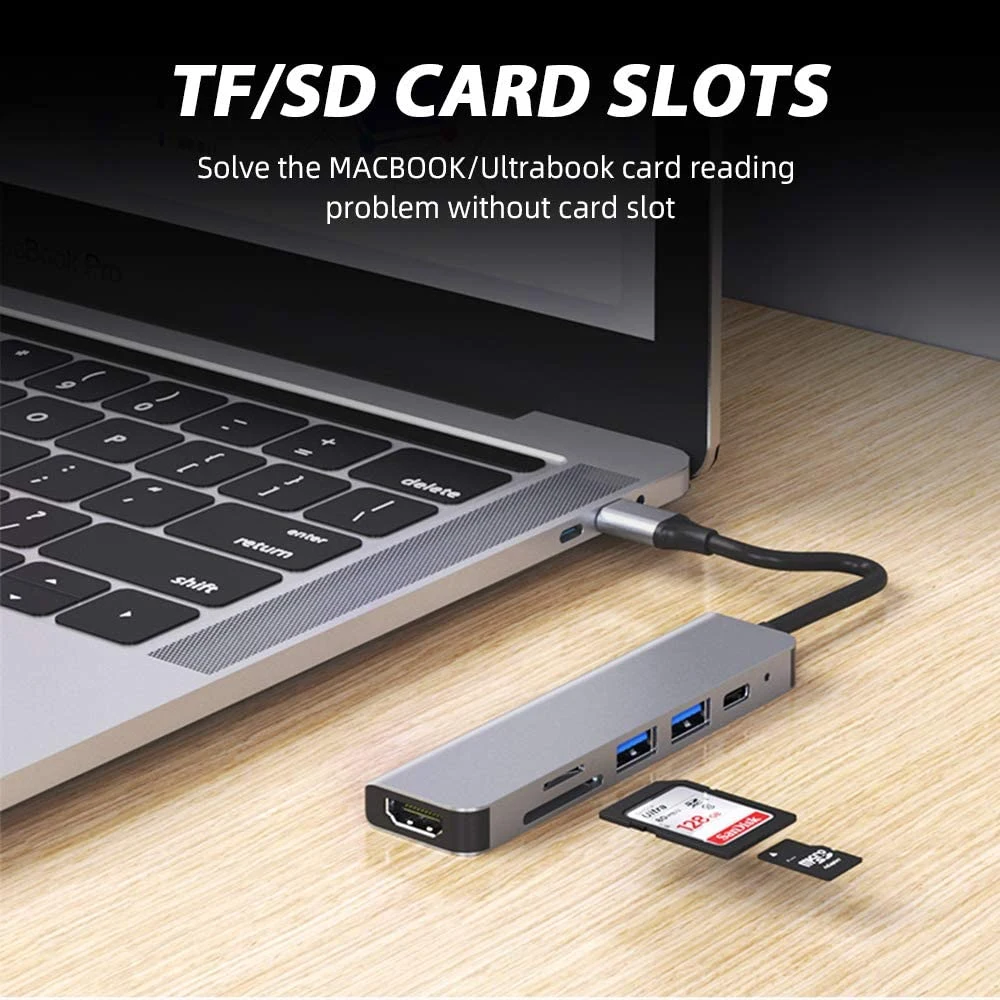 6 In1 Multiport USB C Hub to HDMI-Compatible Adapter Type C to USB 3.0 SD TF Card Reader Adapter